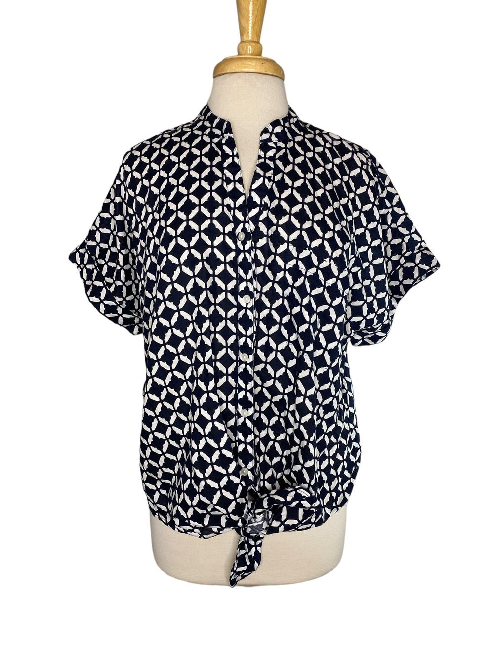 CHARTER CLUB Linen Blue White Geometric Print Blouse Large Tie Front Button Up